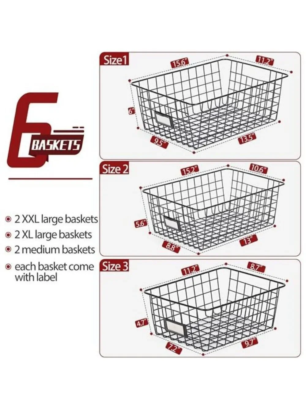 Wire Storage Baskets Set of 6 Kitchen Pantry Organizer Bathroom Cabinet Shelf